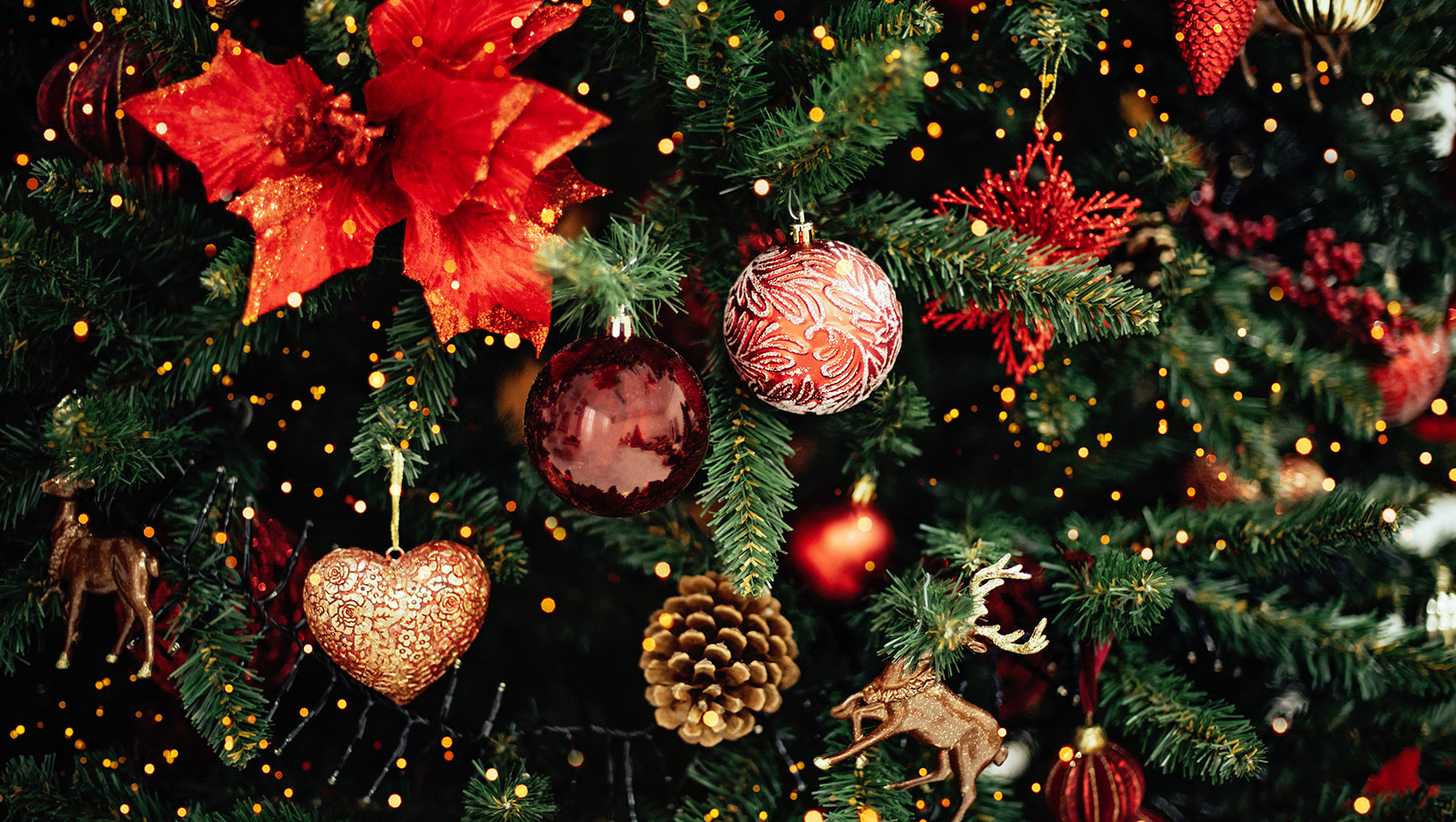 Decorated holiday tree, up close