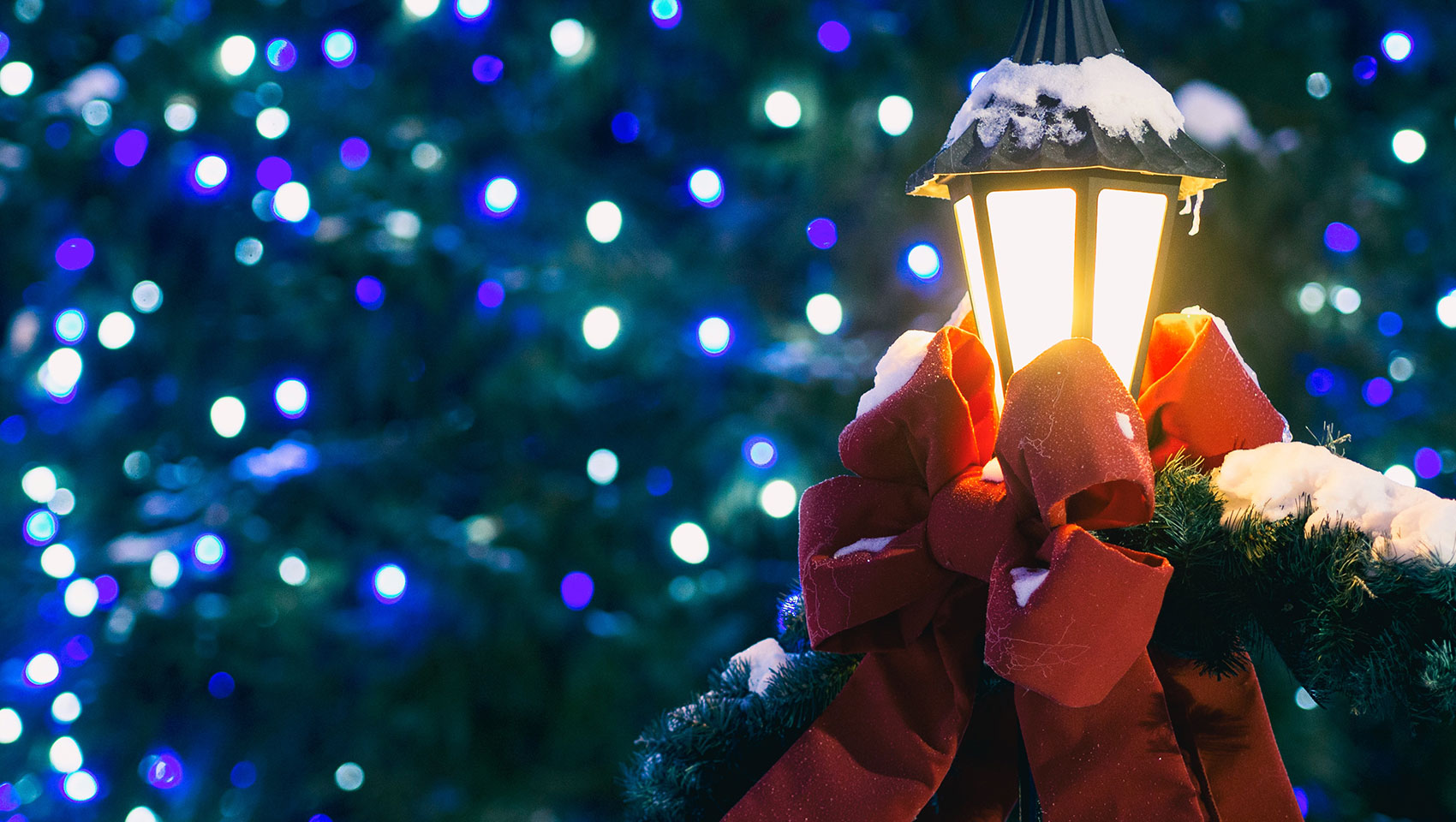 Holiday Lamp with red bows + Blue & White Christmas Lights